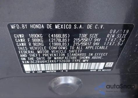 2019 Honda Hr-V Lx z USA, uszkodzony, nr VIN 3CZRU6H3XKG732030